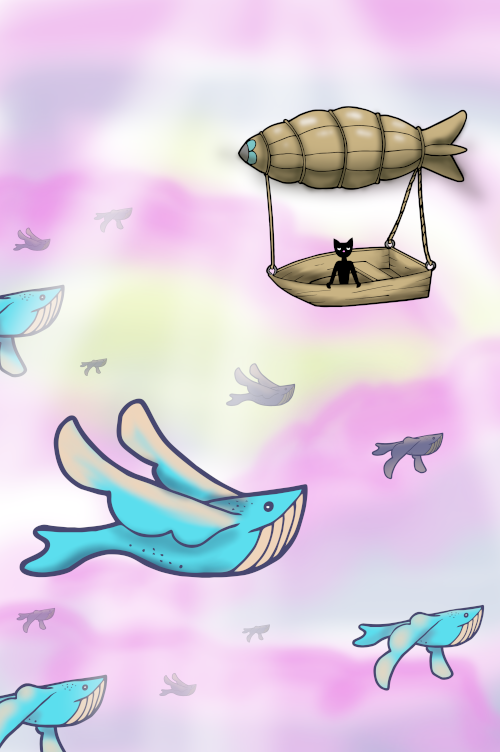 Cat in an air ship, with flying whales.
