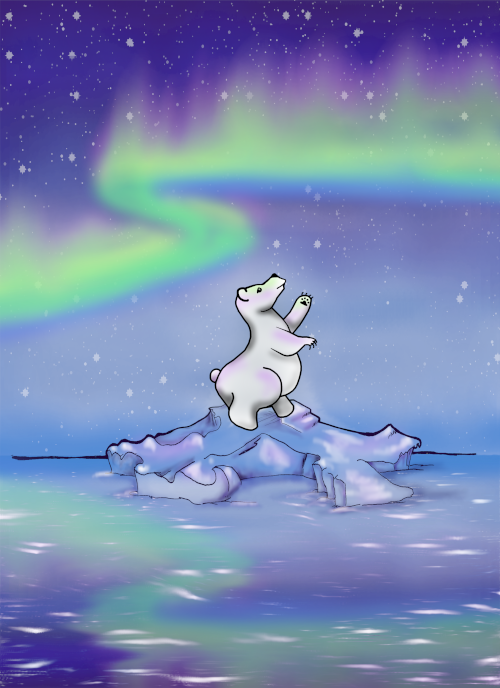Polor bear on an iceberg watching the aurora.