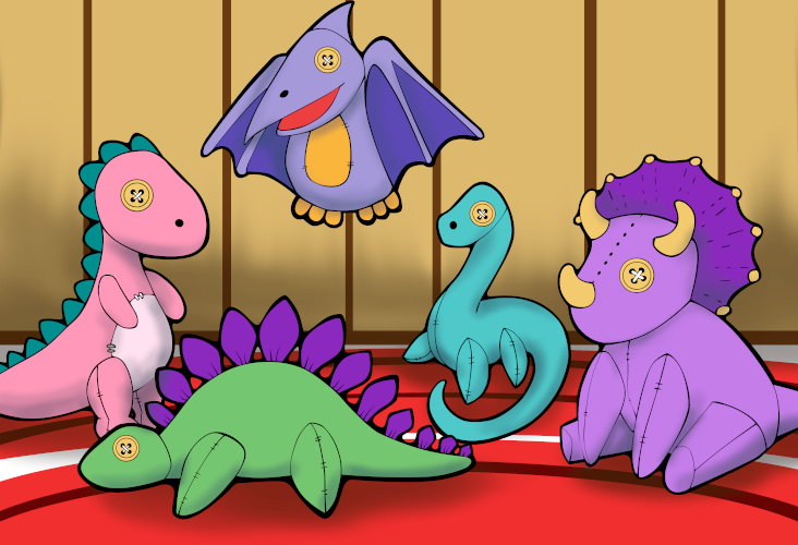 Dinosaur plush monsters in a room.