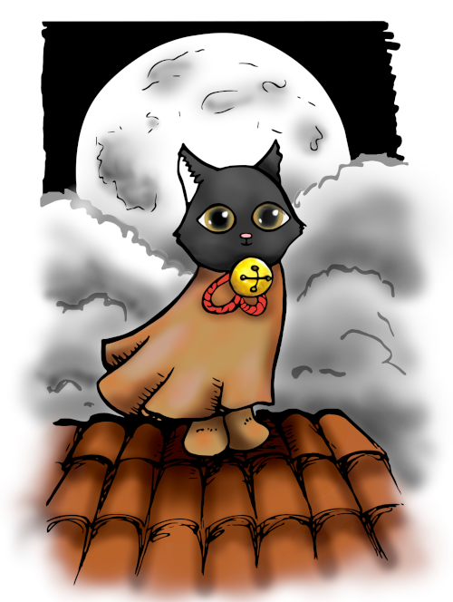 cat on a roof with a bell
