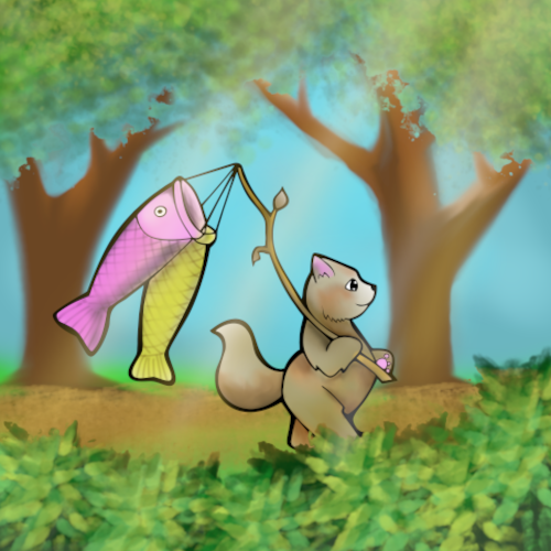 kitty walking through forest with fish shaped wind socks