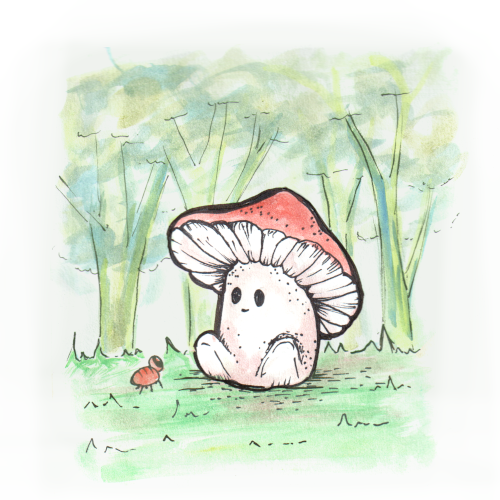 watercolor mushroom with a bug