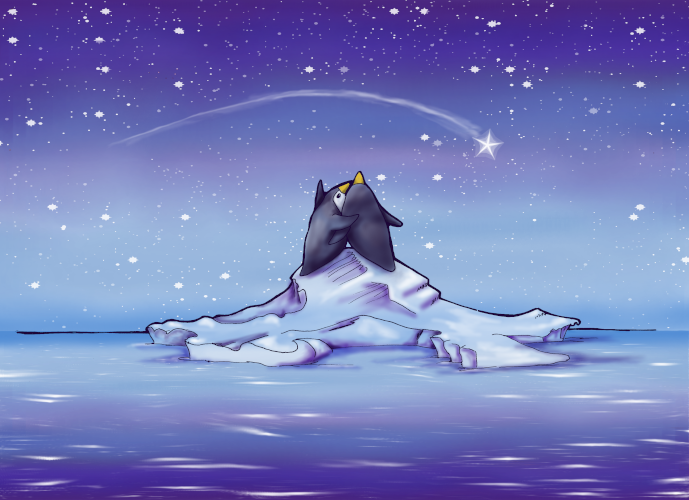 Penguins with a shooting star
